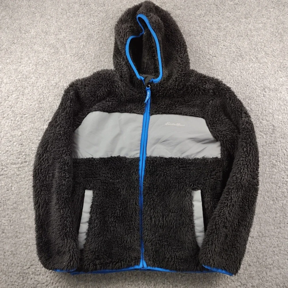 Eddie Bauer Black Sherpa Plush Fleece Hooded Jacket Blue Trim Boys 7/8